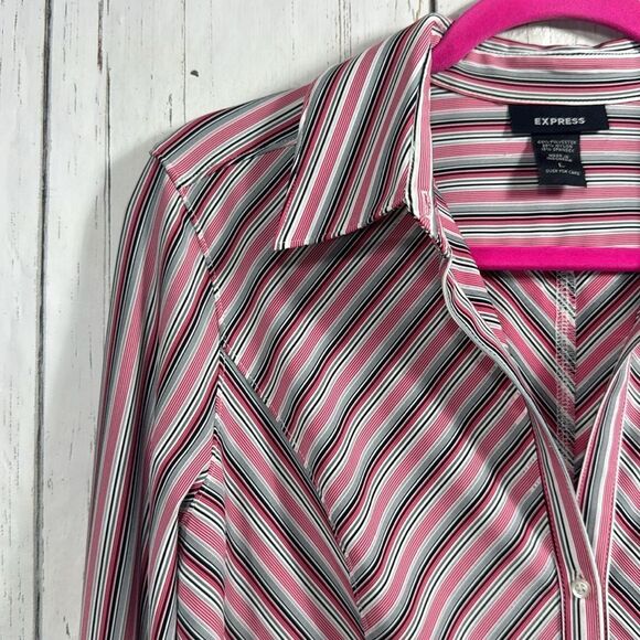 Express Pink Black White Striped Button Down Shirt Stretch Career Y2K Preppy - Picture 3 of 13